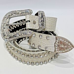 Genuine Leather Gray Croc Embossed Jeweled Rhinestones Western Belt Women’s S